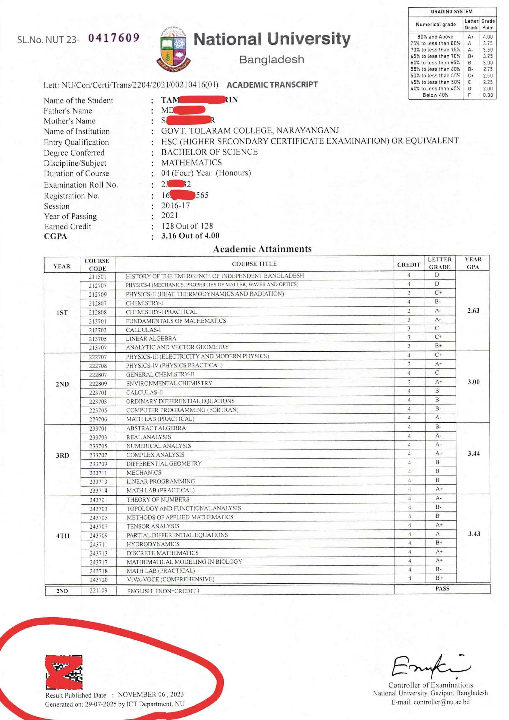 একাডেমিক ট্রান্সক্রিপ্ট নমুনা