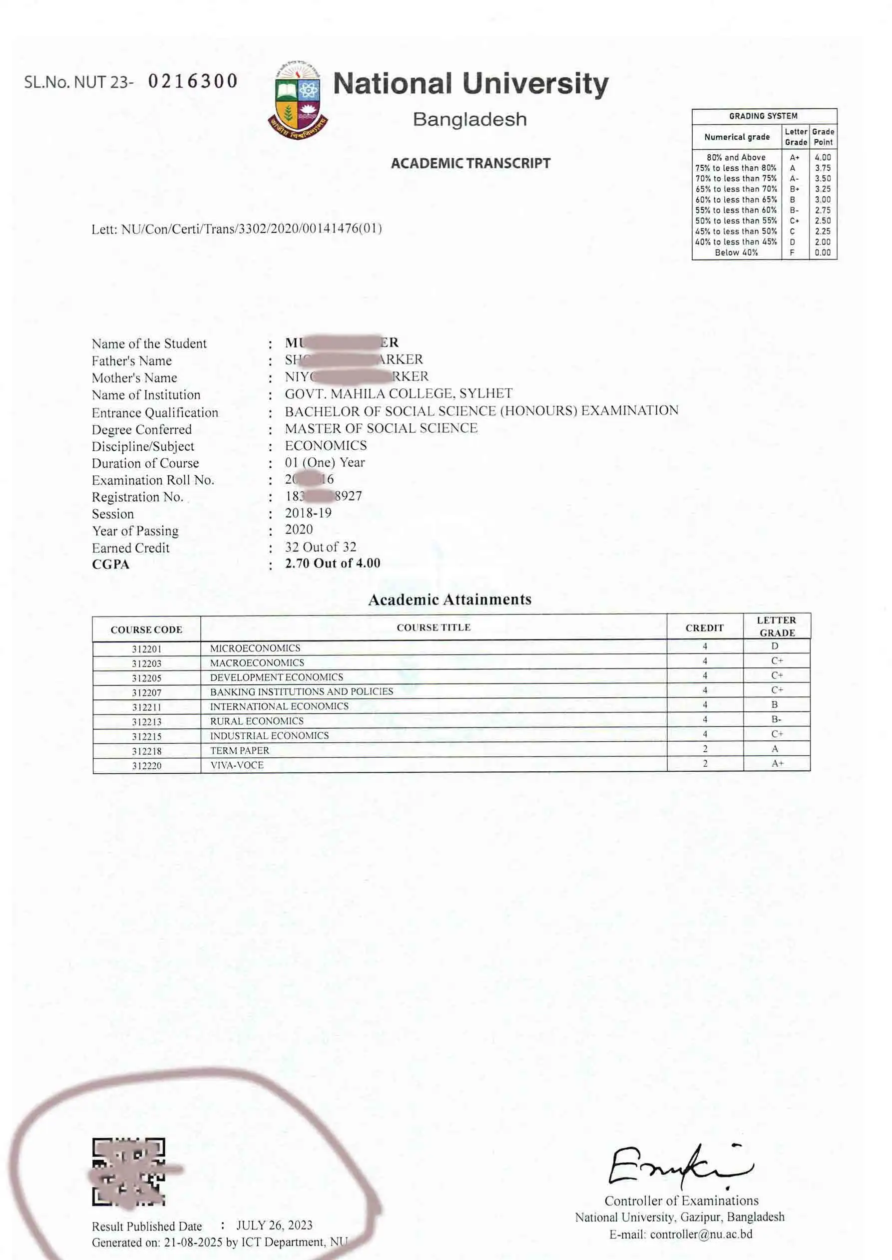 একাডেমিক ট্রান্সক্রিপ্ট নমুনা