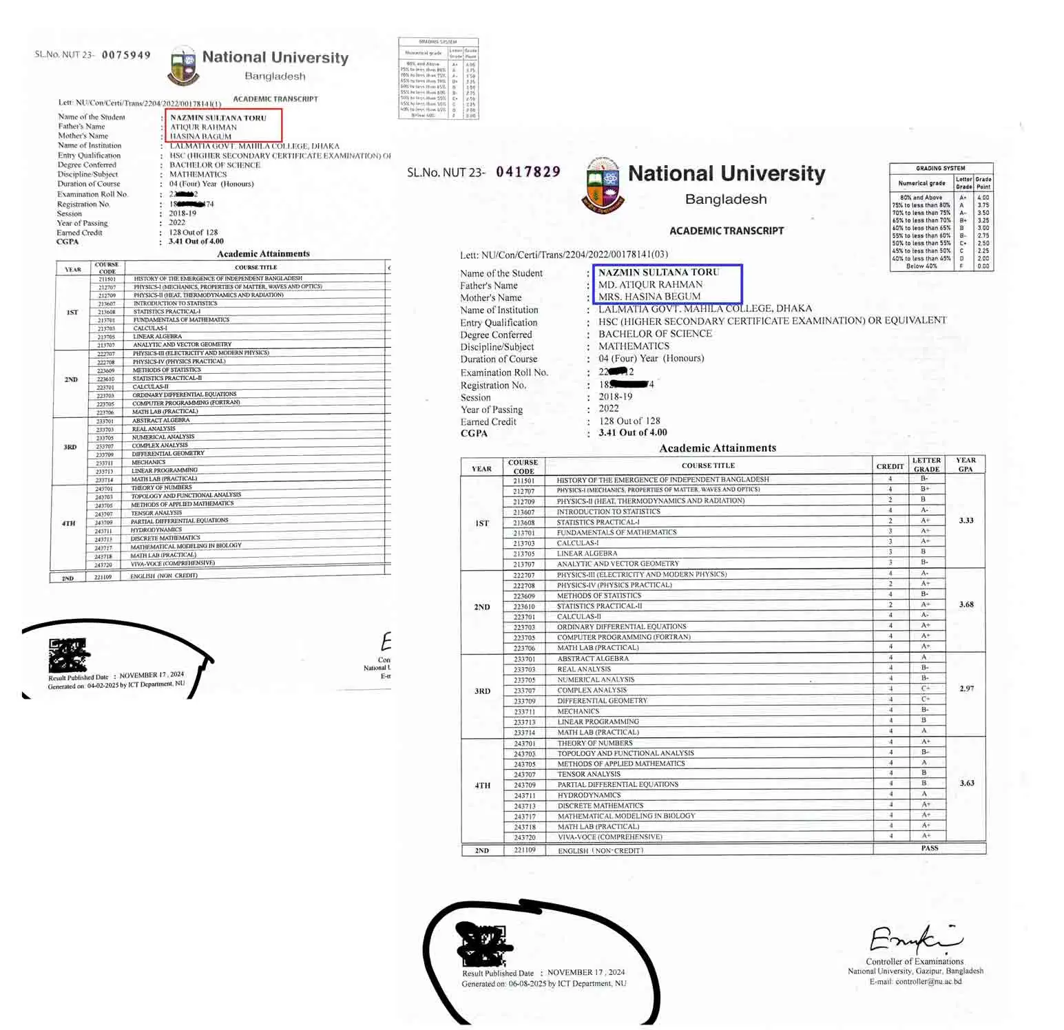 সংশোধিত কপি একাডেমিক ট্রান্সক্রিপ্ট নমুনা