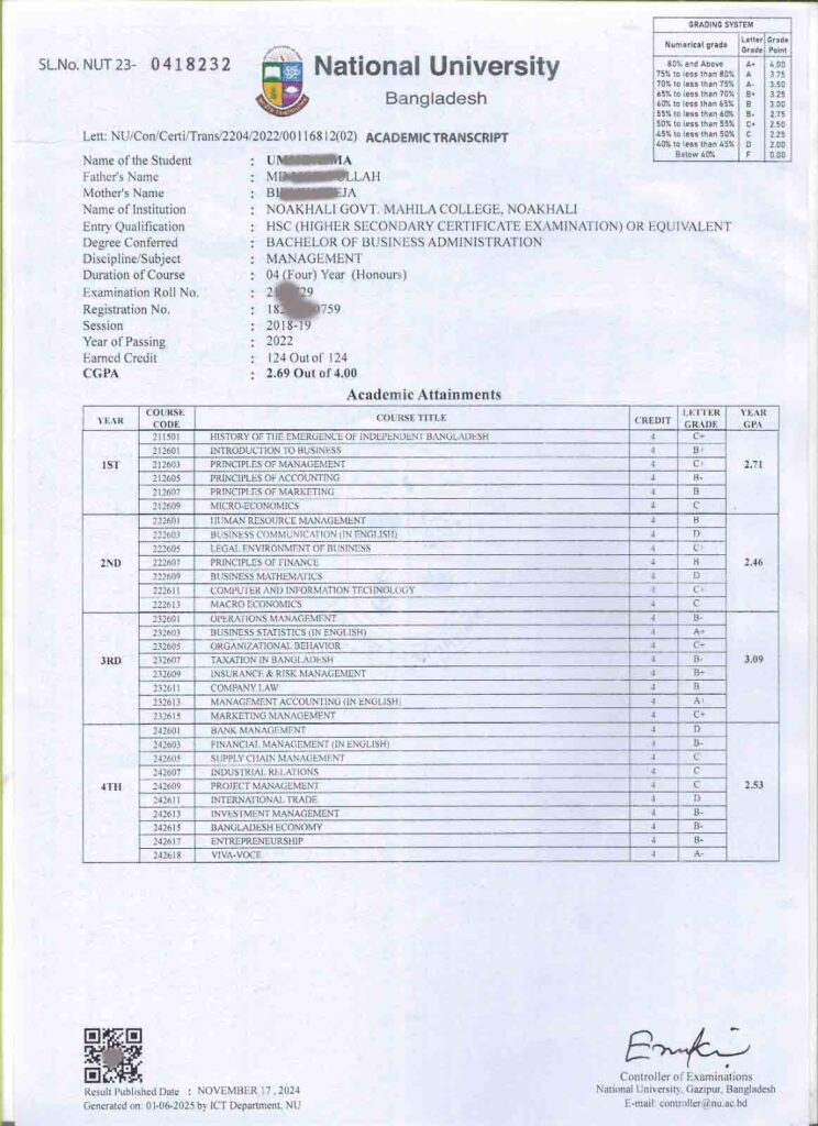 Academic Transcript NU
