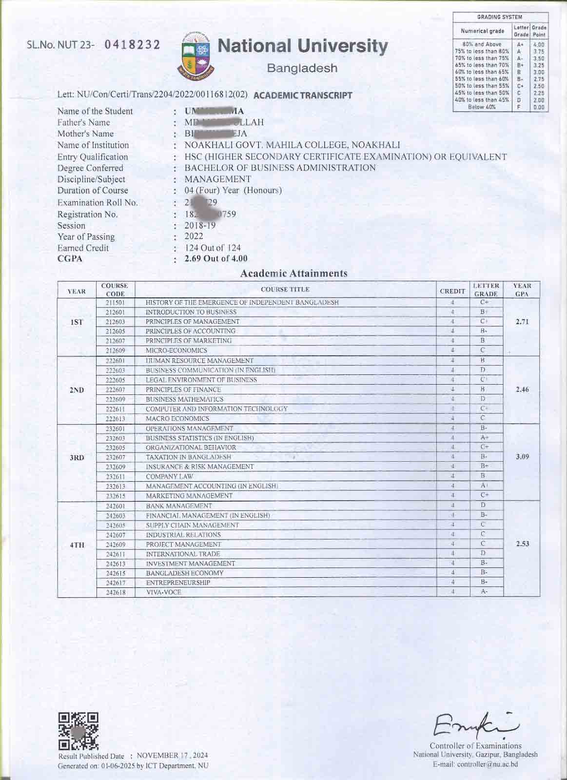 Academic Transcript NU
