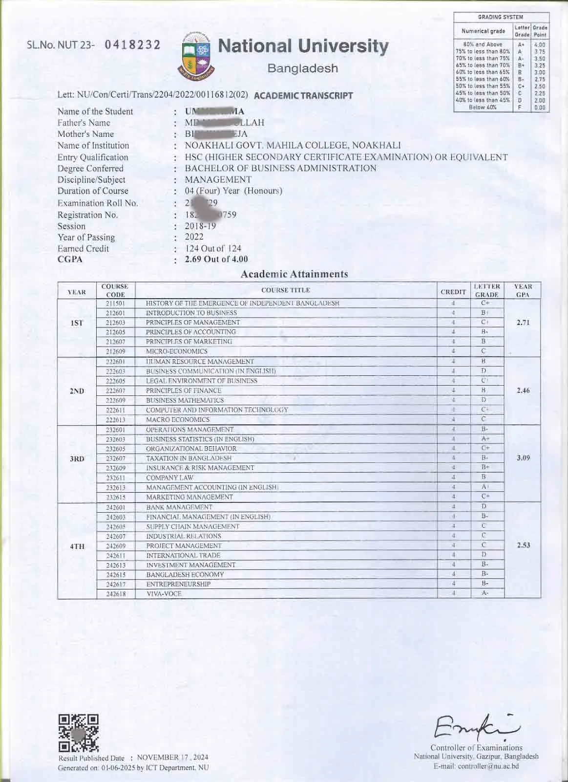 Academic Transcript NU