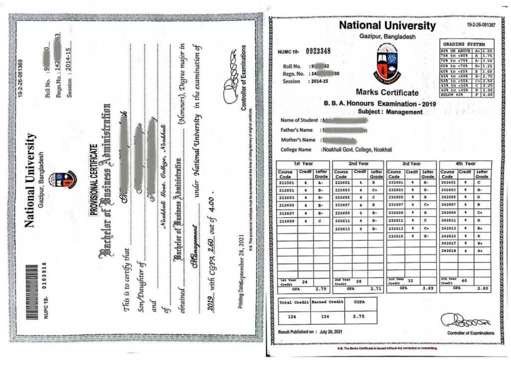 Provisional Certificate & Marksheet Sample