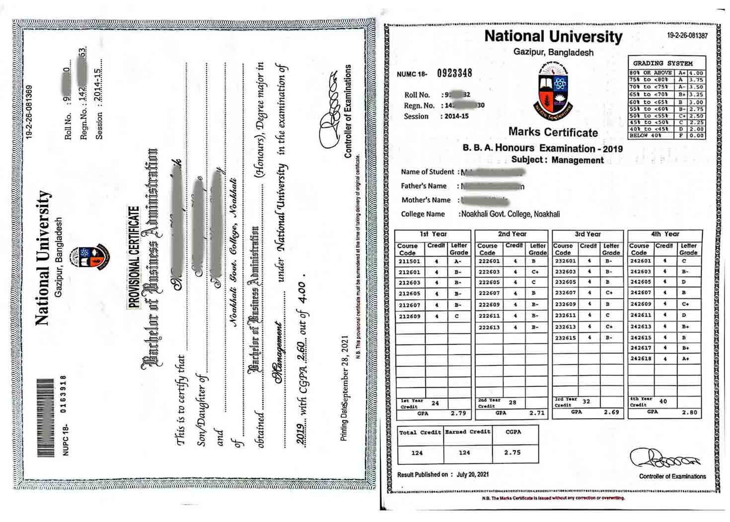 Provisional Certificate & Marksheet Sample